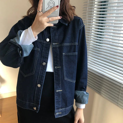 Loose Fit Women's Denim Jacket Korean Style Vintage Spring Autumn Dark Color Large Size Jeans Coat Stylish Commute Fashion 0