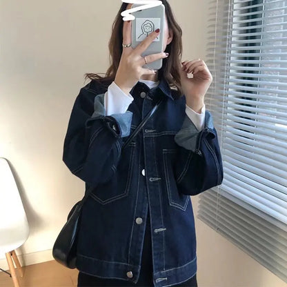 Loose Fit Women's Denim Jacket Korean Style Vintage Spring Autumn Dark Color Large Size Jeans Coat Stylish Commute Fashion 1
