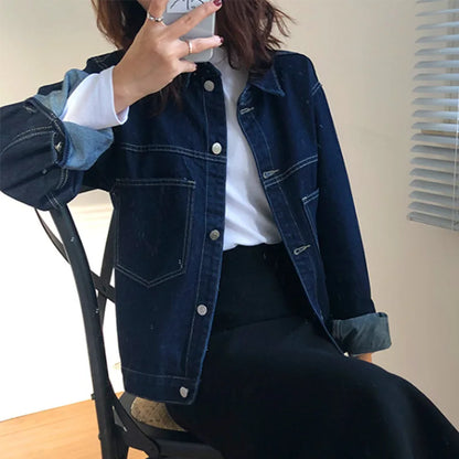 Loose Fit Women's Denim Jacket Korean Style Vintage Spring Autumn Dark Color Large Size Jeans Coat Stylish Commute Fashion 5