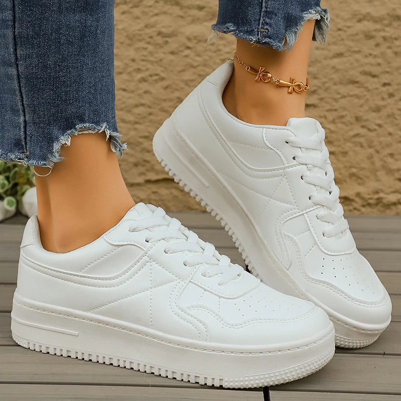 Low Top Thick Sole White Sneakers for Women 2026 Spring Pu Leather Platform Sport Shoes Woman Non Slip Casual Running Shoes 0