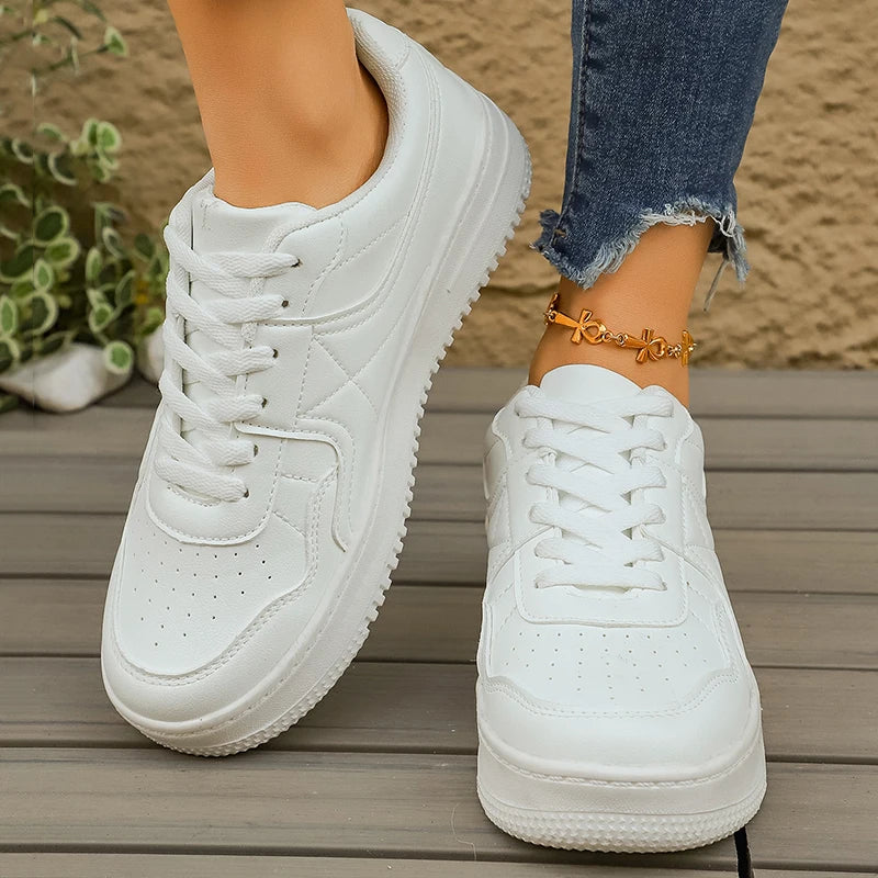 Low Top Thick Sole White Sneakers for Women 2026 Spring Pu Leather Platform Sport Shoes Woman Non Slip Casual Running Shoes 1