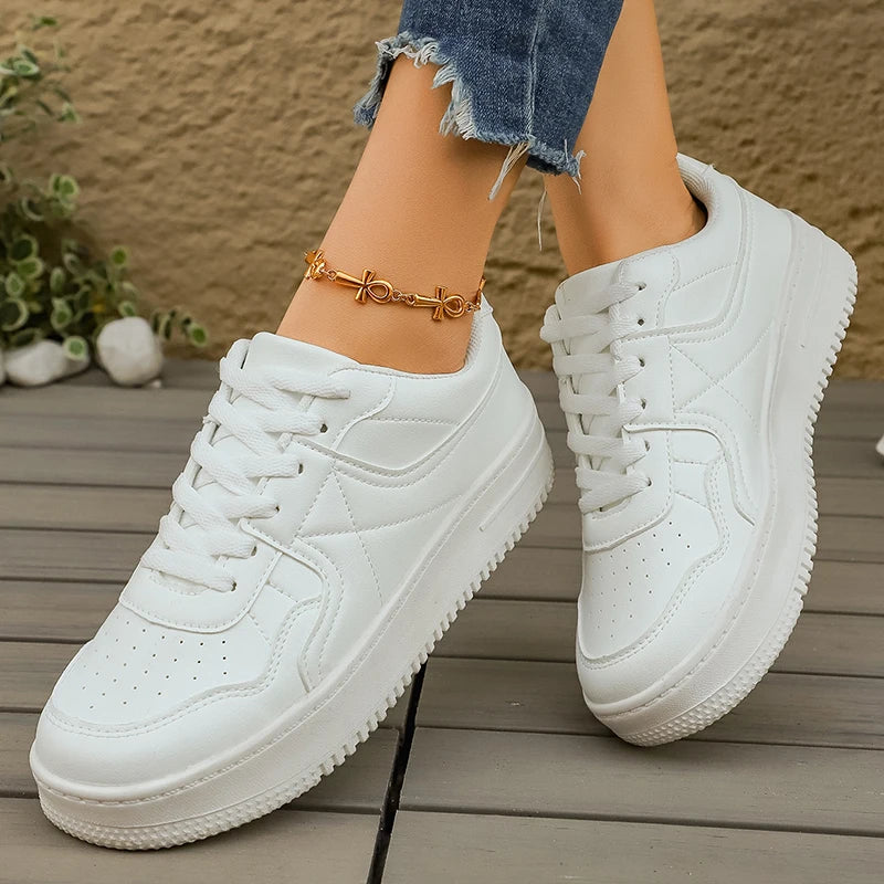 Low Top Thick Sole White Sneakers for Women 2026 Spring Pu Leather Platform Sport Shoes Woman Non Slip Casual Running Shoes 2