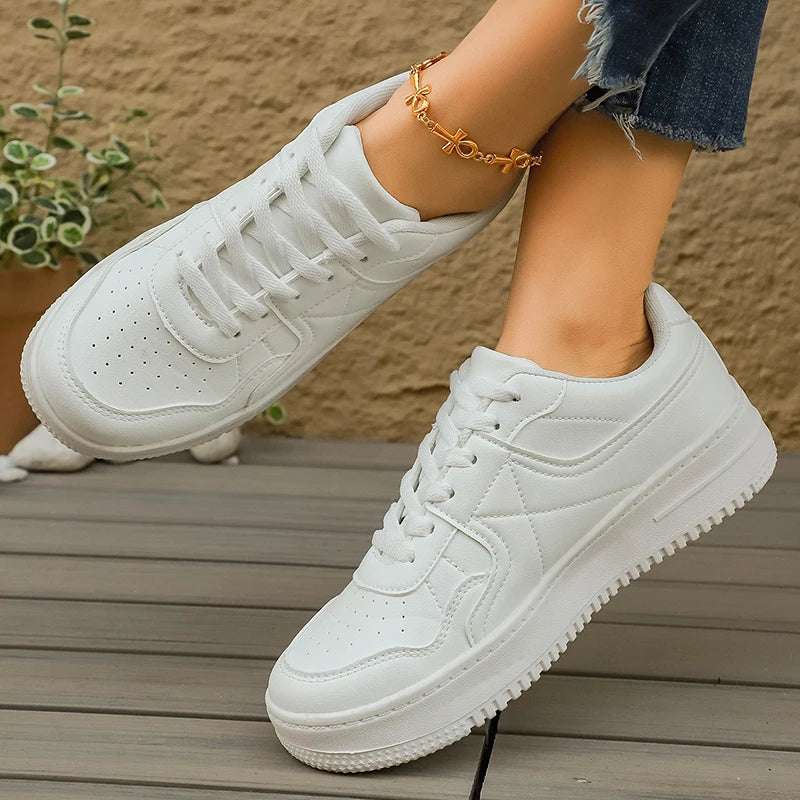 Low Top Thick Sole White Sneakers for Women 2026 Spring Pu Leather Platform Sport Shoes Woman Non Slip Casual Running Shoes 3