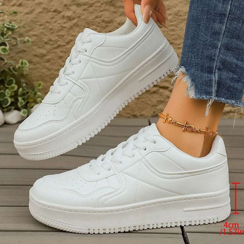 Low Top Thick Sole White Sneakers for Women 2026 Spring Pu Leather Platform Sport Shoes Woman Non Slip Casual Running Shoes 4