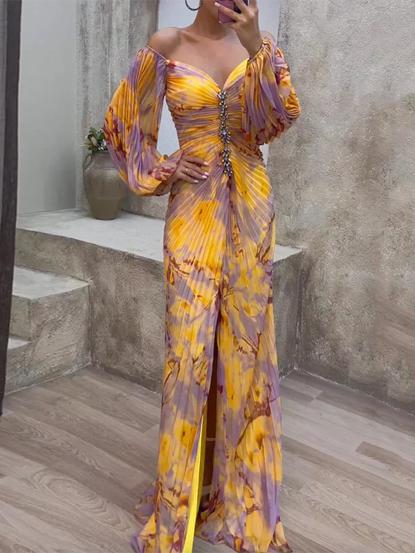 Luxurious Evening Maxi Dress - Yellow & purple 0
