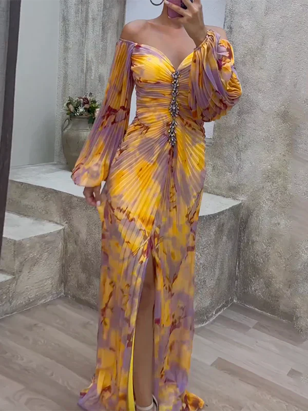 Luxurious Evening Maxi Dress - Yellow & purple 1