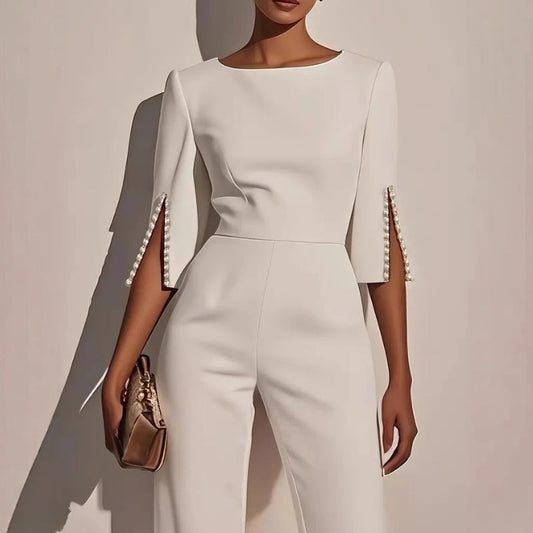 Maureen | Women’s Elegant Wide-Leg Jumpsuit with Pearl Trim 0