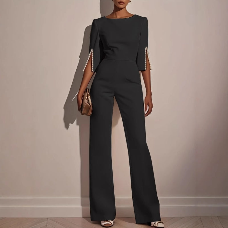 Maureen | Women’s Elegant Wide-Leg Jumpsuit with Pearl Trim 2
