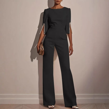 Maureen | Women’s Elegant Wide-Leg Jumpsuit with Pearl Trim 2