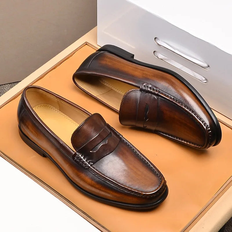Men's Brown Penny Loafers – Genuine Leather Slip-On Style for Casual and Formal Occasions 1