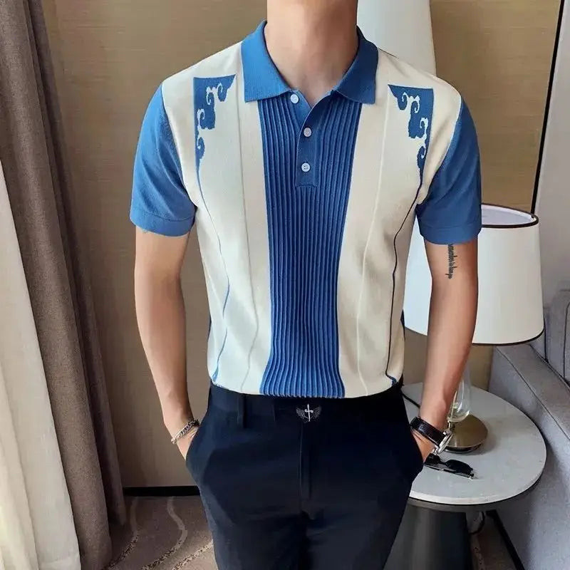 Men's Ethnic Jacquard Polo Shirt – Stylish Color Block Design for Casual Outings 2