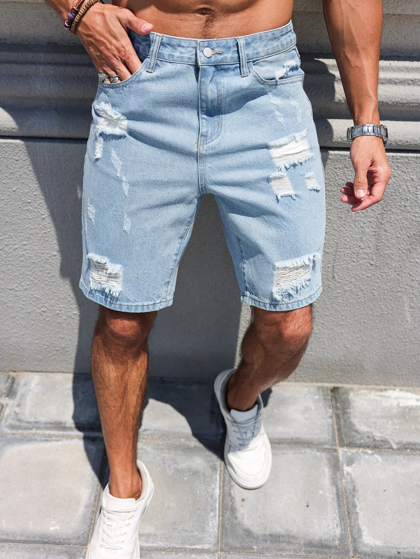 Men's Ripped Denim Shorts – Trendy Light Blue Casual Summer Wear 0