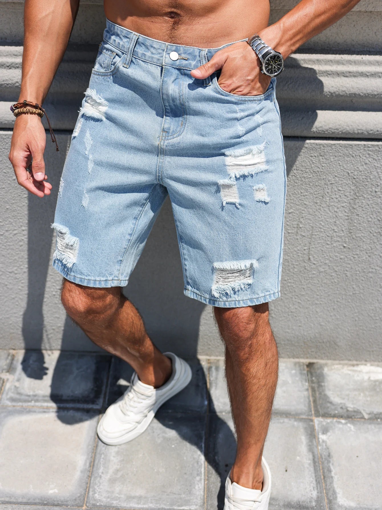 Men's Ripped Denim Shorts – Trendy Light Blue Casual Summer Wear 2