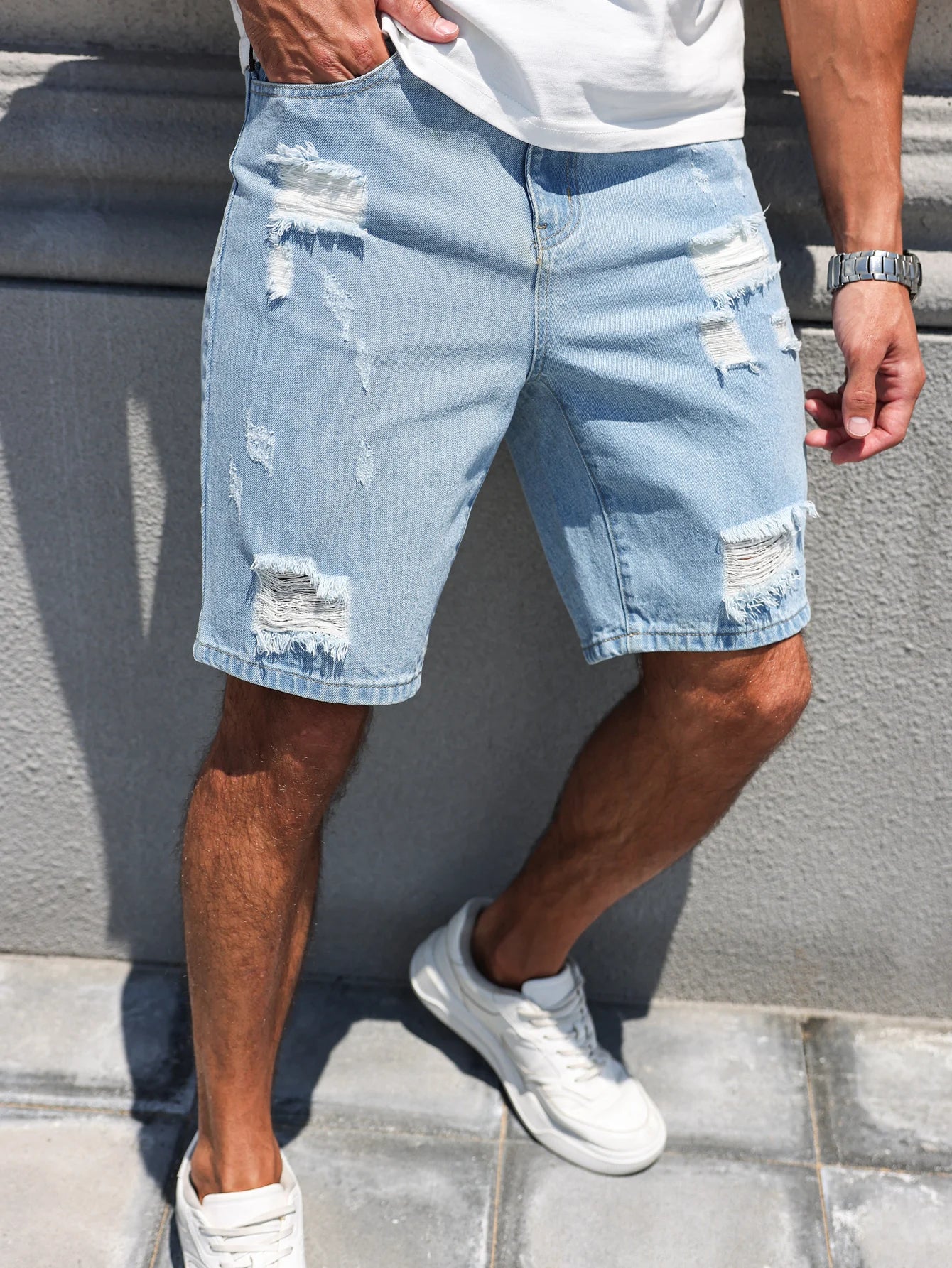 Men's Ripped Denim Shorts – Trendy Light Blue Casual Summer Wear 3