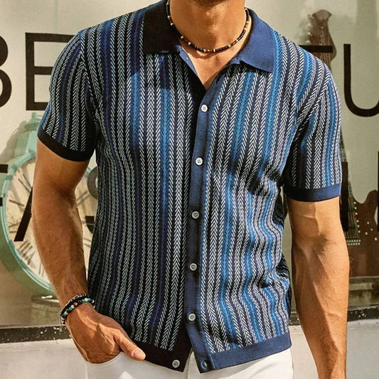 Men's Vintage Knit Polo Shirt – Stylish Stripe Design for Summer Outings 1