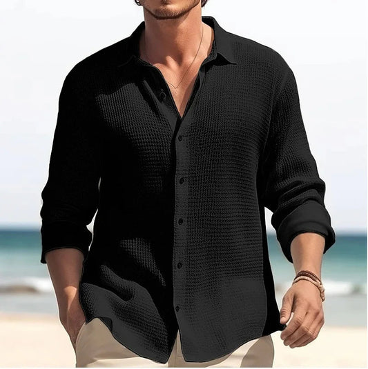 Men's Waffle Blouse – Relaxed Fit Long Sleeve Casual Top 5