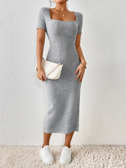 Modern Woman Knitted Dress – Short Sleeve Square Collar With Elegant Side Slit 2