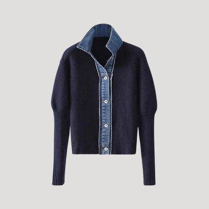 Navy Women's knit cardigan with denim trim 0