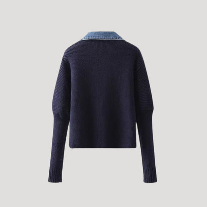 Navy Women's knit cardigan with denim trim 1