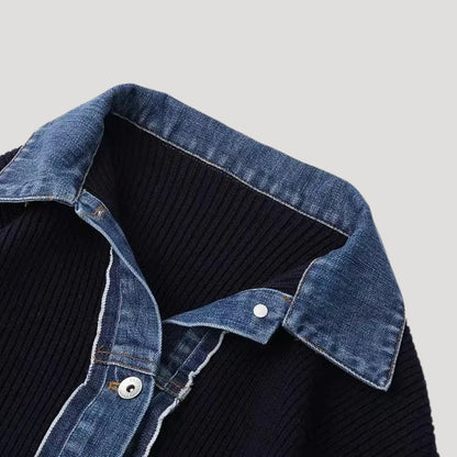 Navy Women's knit cardigan with denim trim 2