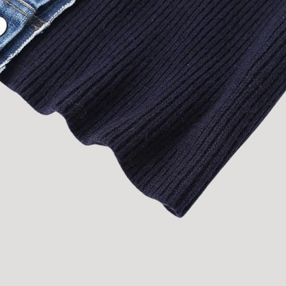 Navy Women's knit cardigan with denim trim 4