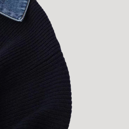 Navy Women's knit cardigan with denim trim 5