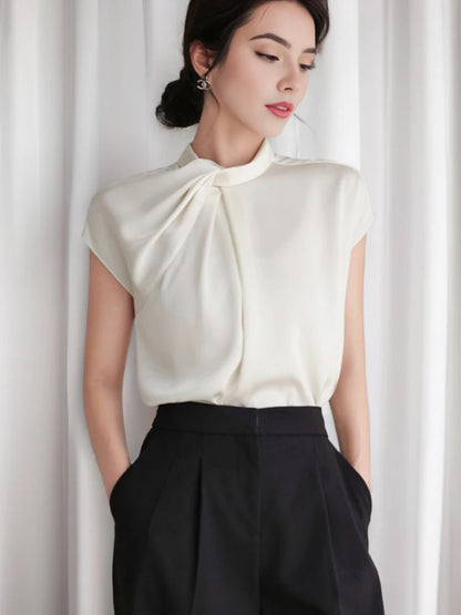 New 2024 Summer Chiffon Blouse For Women Stand Collar Short Sleeve White Shirts & Blouses Korean Fashion Ladies Tops Hot Sale 0