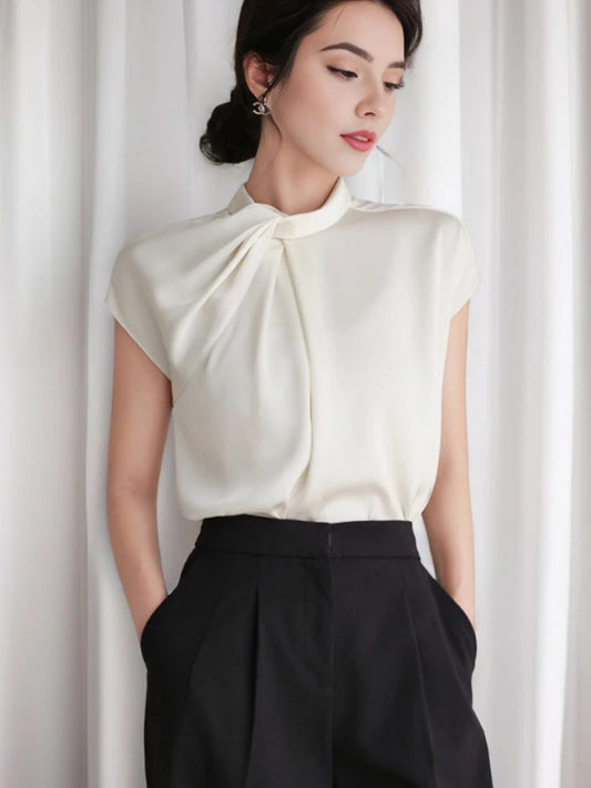 New 2024 Summer Chiffon Blouse For Women Stand Collar Short Sleeve White Shirts & Blouses Korean Fashion Ladies Tops Hot Sale 0