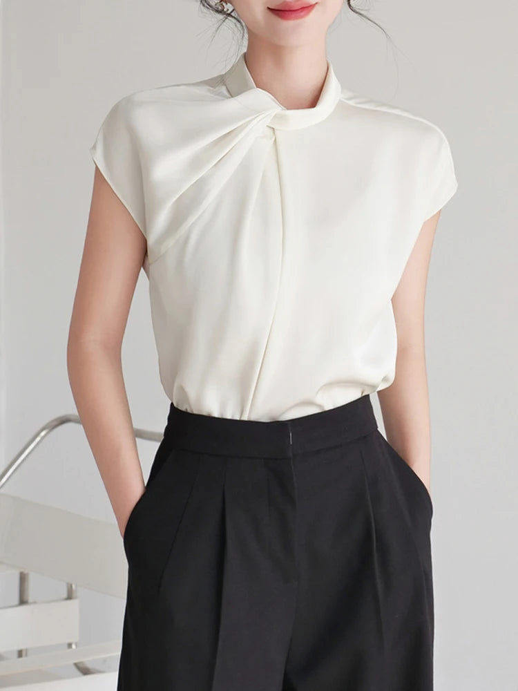 New 2024 Summer Chiffon Blouse For Women Stand Collar Short Sleeve White Shirts & Blouses Korean Fashion Ladies Tops Hot Sale 1