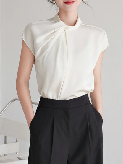 New 2024 Summer Chiffon Blouse For Women Stand Collar Short Sleeve White Shirts & Blouses Korean Fashion Ladies Tops Hot Sale 1