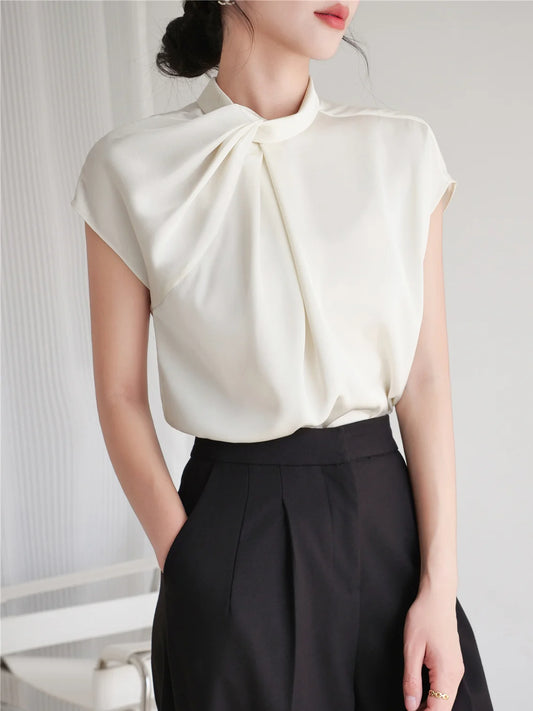 New 2024 Summer Chiffon Blouse For Women Stand Collar Short Sleeve White Shirts & Blouses Korean Fashion Ladies Tops Hot Sale 2