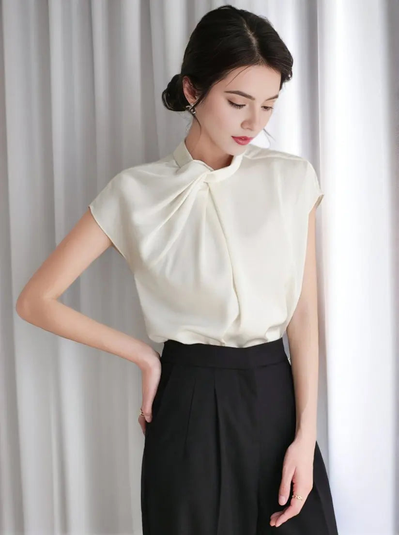 New 2024 Summer Chiffon Blouse For Women Stand Collar Short Sleeve White Shirts & Blouses Korean Fashion Ladies Tops Hot Sale 3