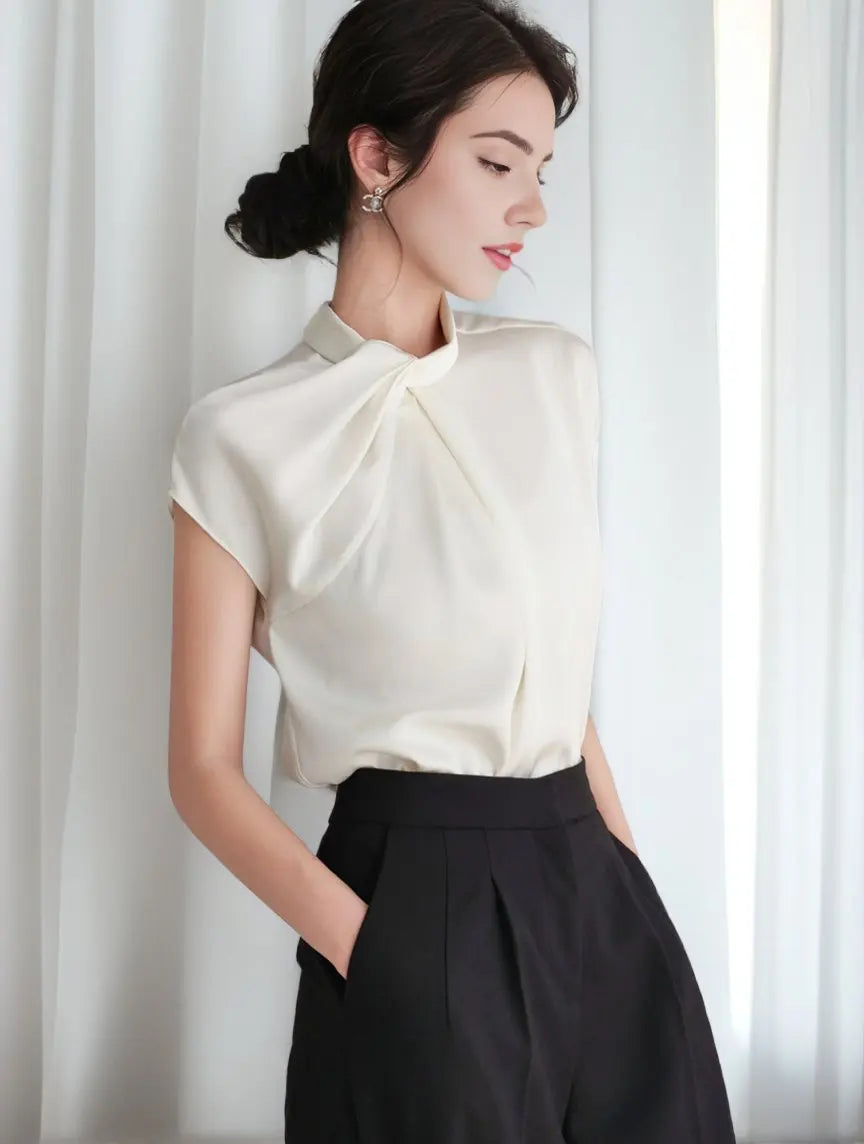 New 2024 Summer Chiffon Blouse For Women Stand Collar Short Sleeve White Shirts & Blouses Korean Fashion Ladies Tops Hot Sale 4