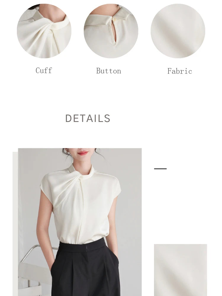 New 2024 Summer Chiffon Blouse For Women Stand Collar Short Sleeve White Shirts & Blouses Korean Fashion Ladies Tops Hot Sale 5