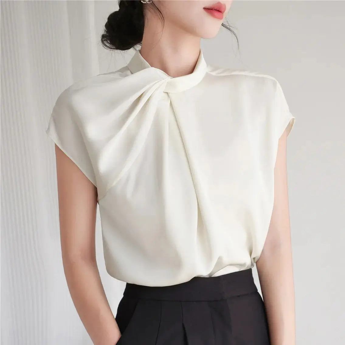 New 2024 Summer Chiffon Blouse For Women Stand Collar Short Sleeve White Shirts & Blouses Korean Fashion Ladies Tops Hot Sale 6