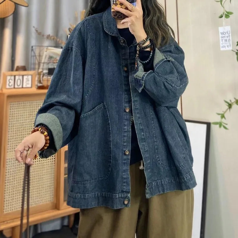 Oversize Denim Jacket for Women Autumn Long Sleeve Lapel Loose Coat Pocket Korean Trend and Versatile Casual Outerwear Female 1