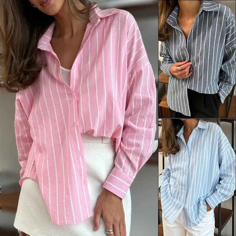 Oversized Striped Shirts & Blouses Loose Fit Casual Fashion Turn down Collar Button down Top for Spring Summer Woman Clothes 0