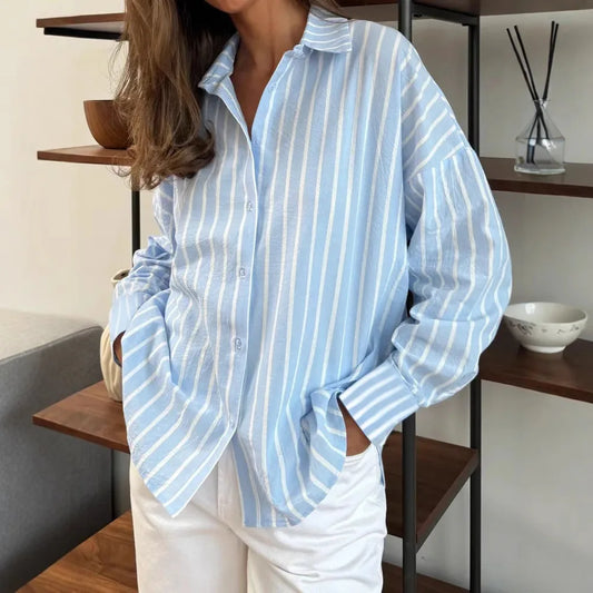 Oversized Striped Shirts & Blouses Loose Fit Casual Fashion Turn down Collar Button down Top for Spring Summer Woman Clothes 1