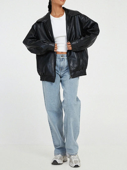Oversized Women's Leather Bomber Jacket with Zip 0