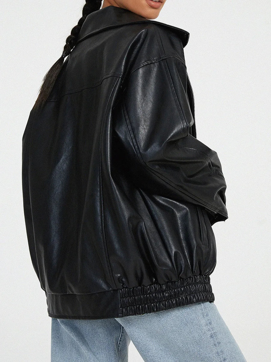 Oversized Women's Leather Bomber Jacket with Zip 1