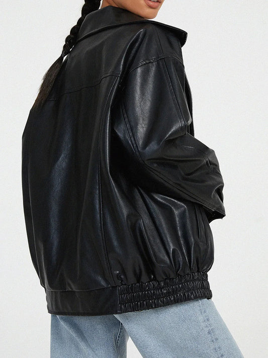 Oversized Women's Leather Bomber Jacket with Zip 1