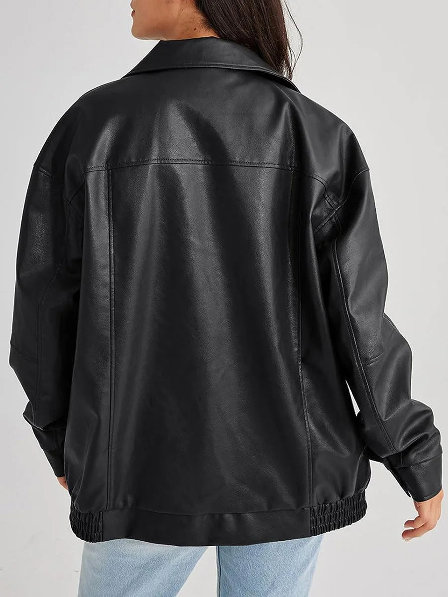 Oversized Women's Leather Bomber Jacket with Zip 2