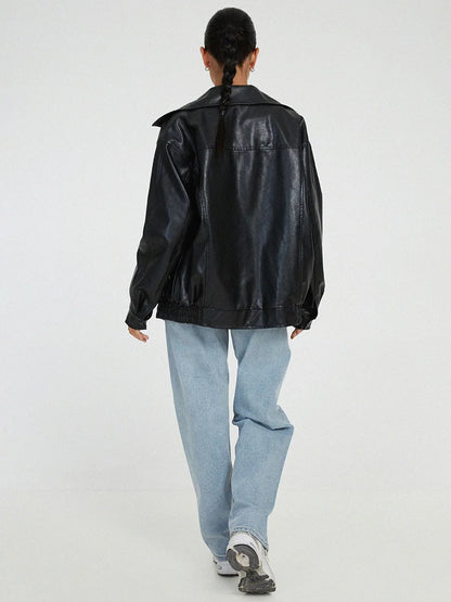 Oversized Women's Leather Bomber Jacket with Zip 3