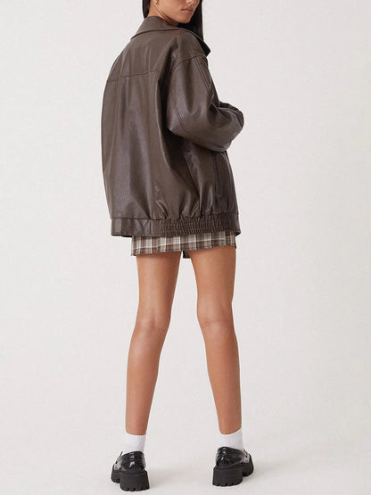 Oversized Women's Leather Bomber Jacket with Zip 5