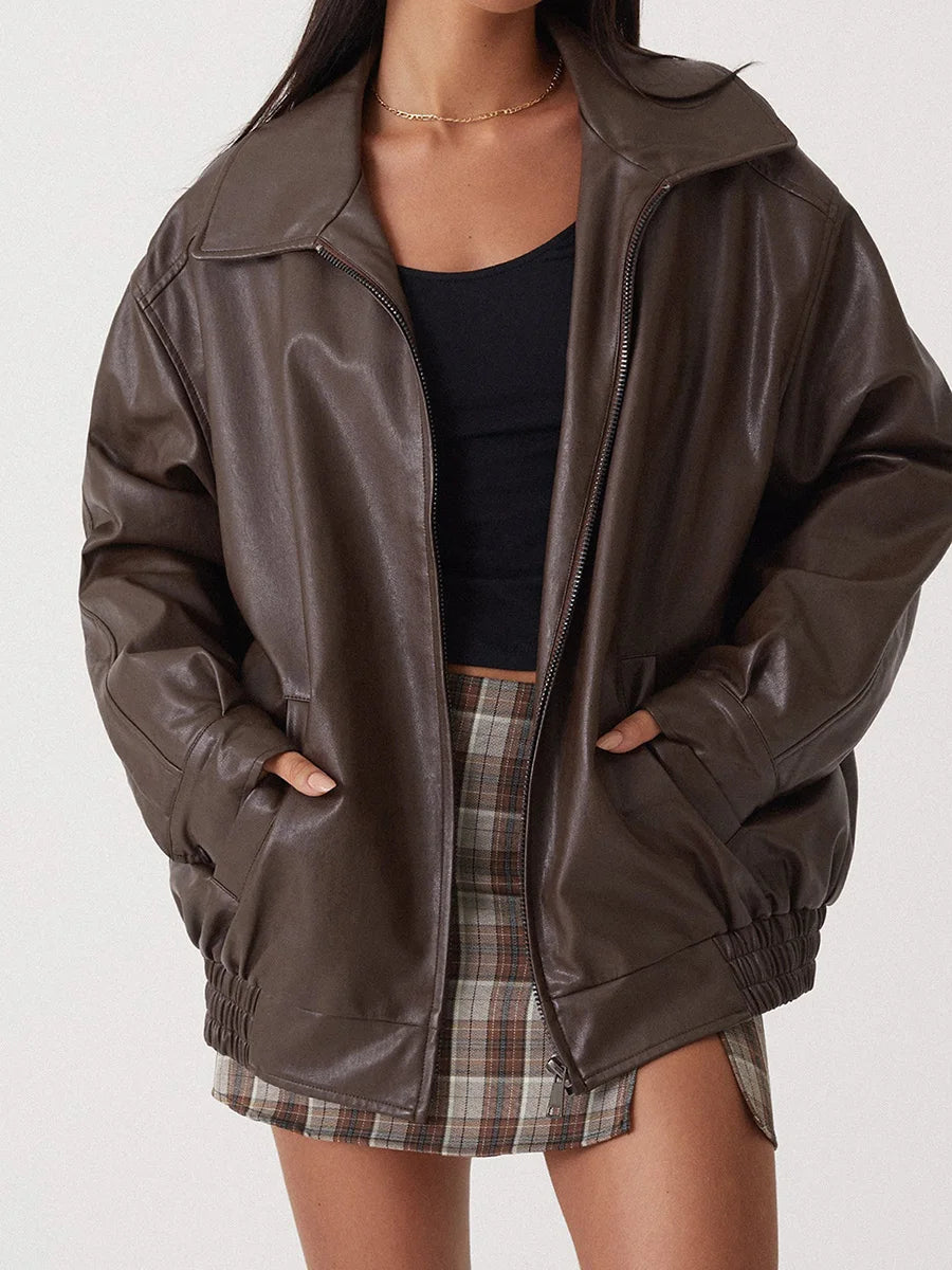 Oversized Women's Leather Bomber Jacket with Zip 6