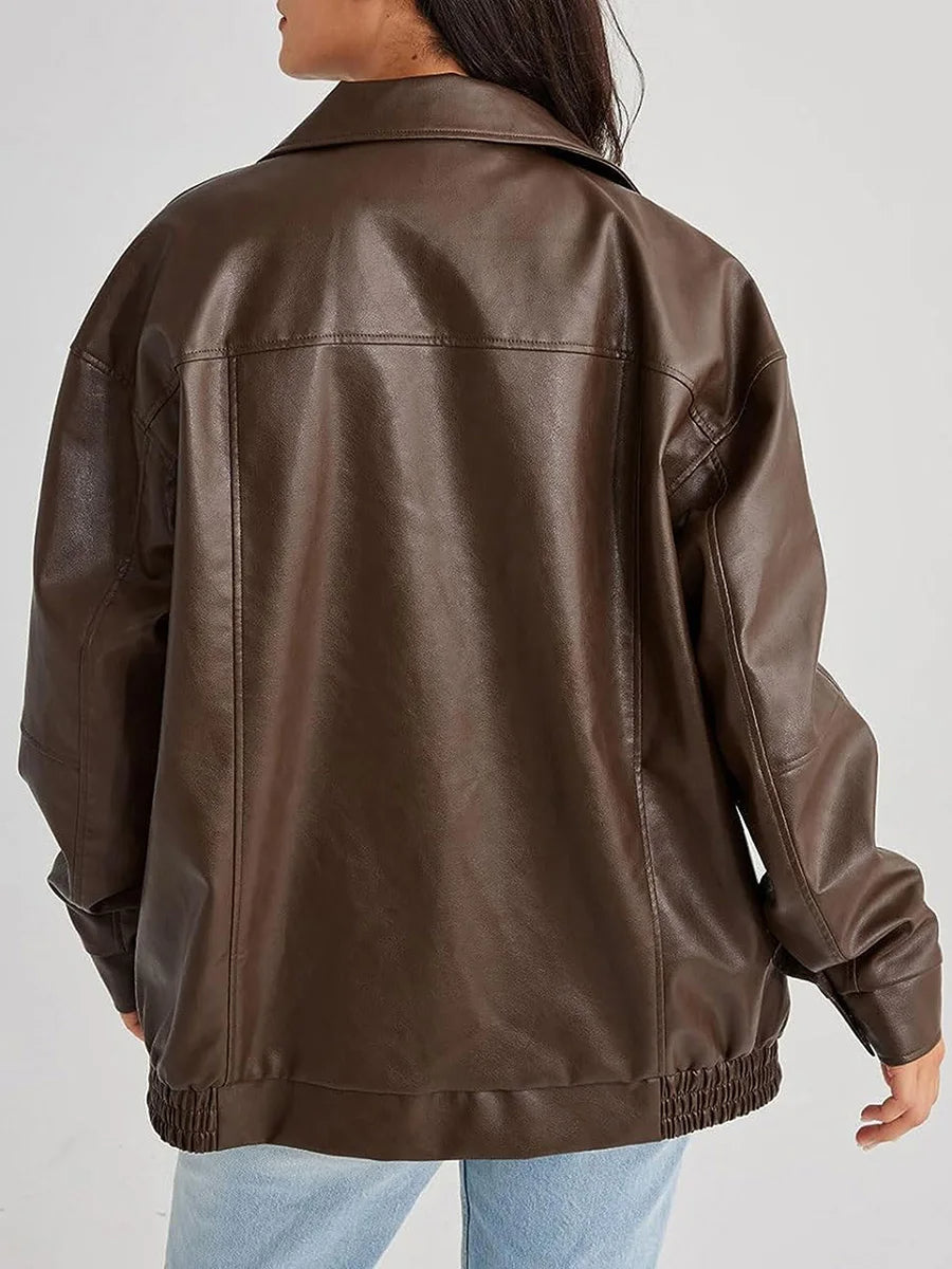 Oversized Women's Leather Bomber Jacket with Zip 7