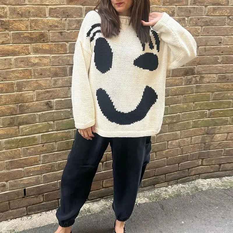 Oversized sweaters with smiley face design 3