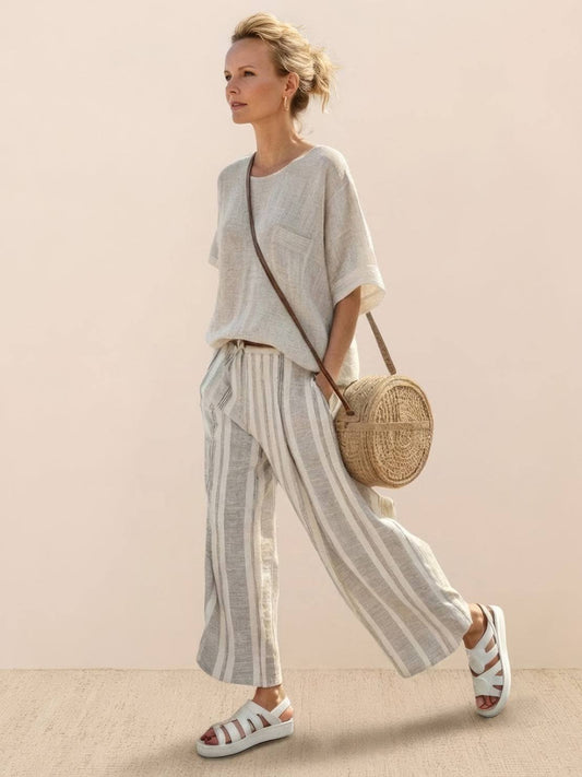 Paloma | Women's Casual Striped Wide-Leg Pants and Tee Two-Piece Set 0
