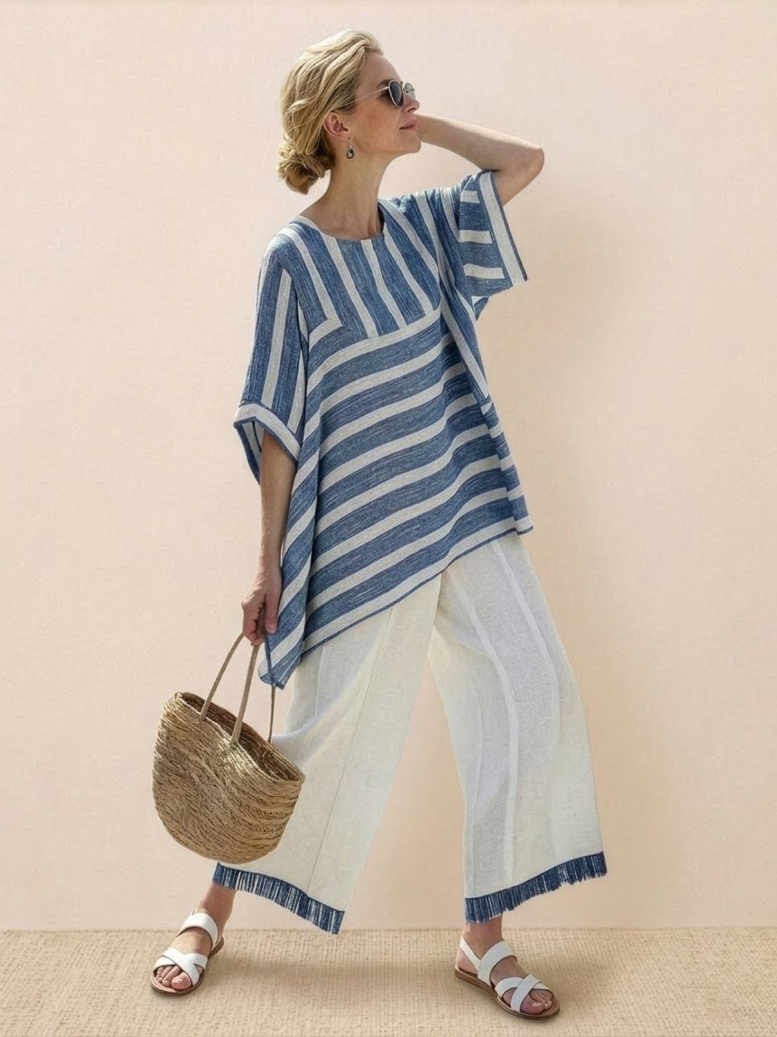 Paloma | Women's Casual Striped Wide-Leg Pants and Tee Two-Piece Set 10