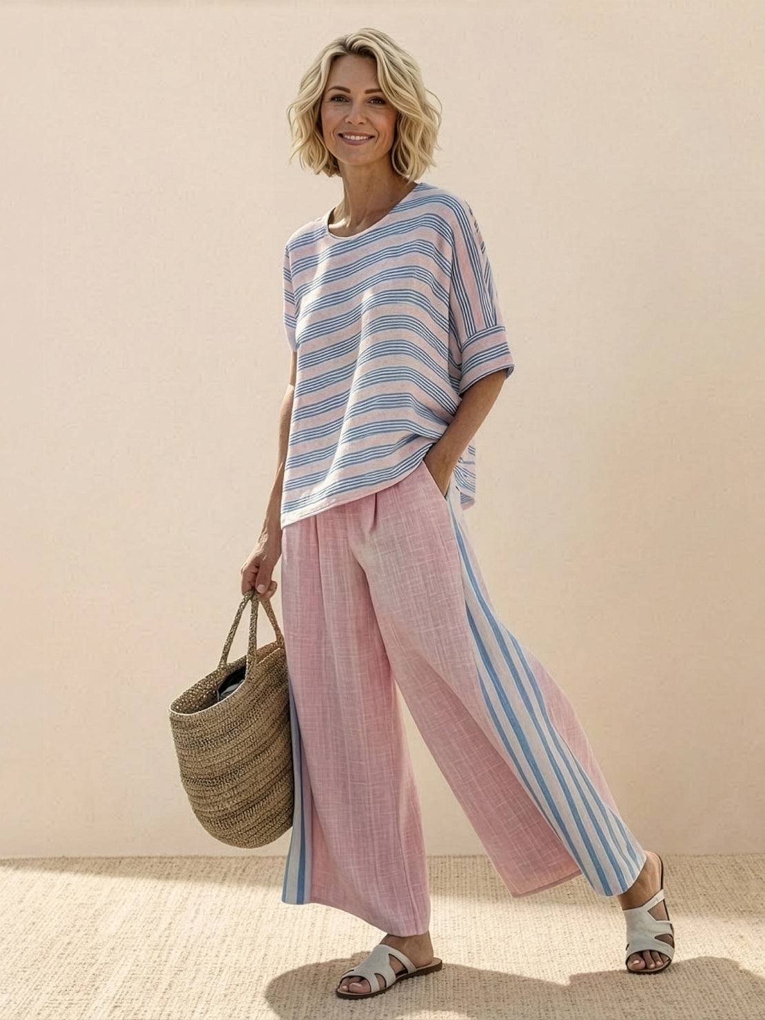 Paloma | Women's Casual Striped Wide-Leg Pants and Tee Two-Piece Set 8